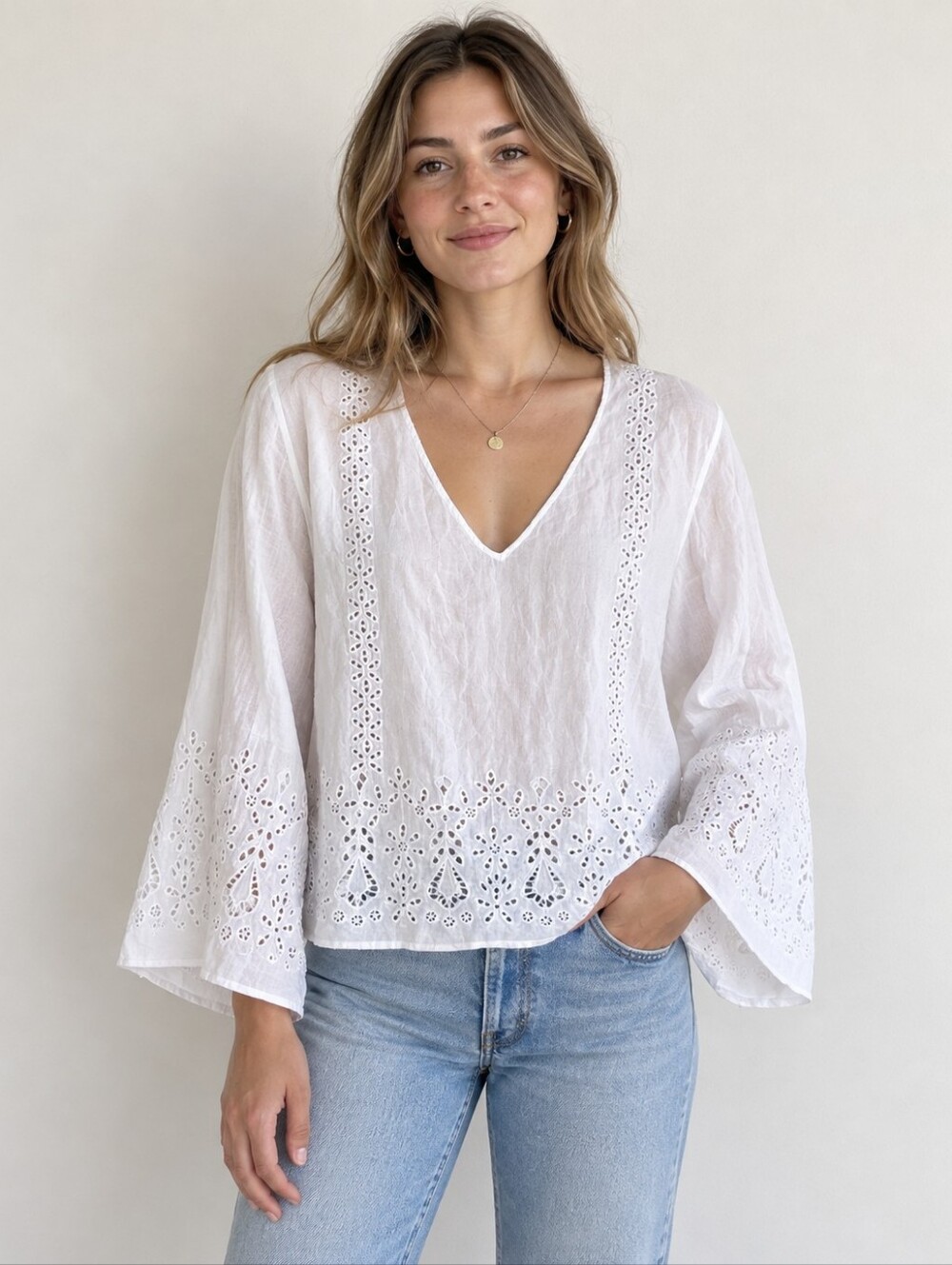 Johnny Was white eyelet bell sleeve top size XL